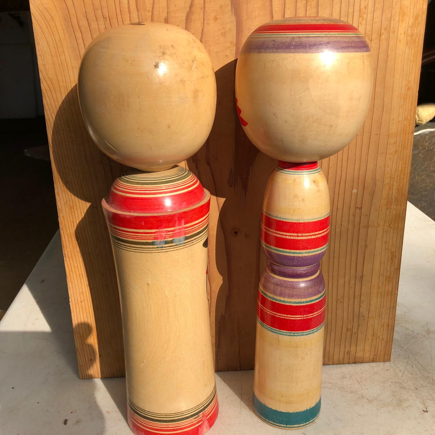 20th Century Old Japanese Pair of Famous Kokeshi Dolls Hand Painted Rich Vibrant Color