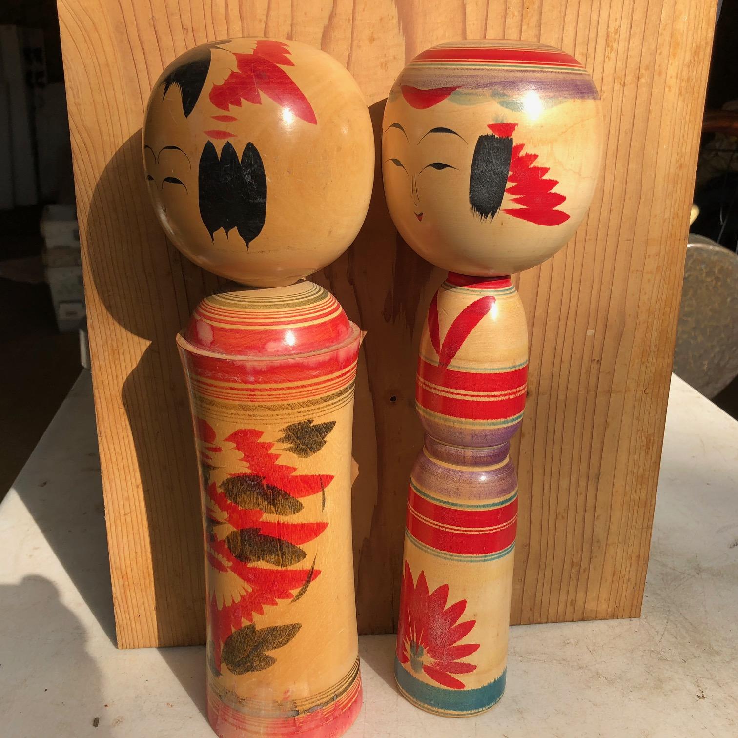 Wood Old Japanese Pair of Famous Kokeshi Dolls Hand Painted Rich Vibrant Color