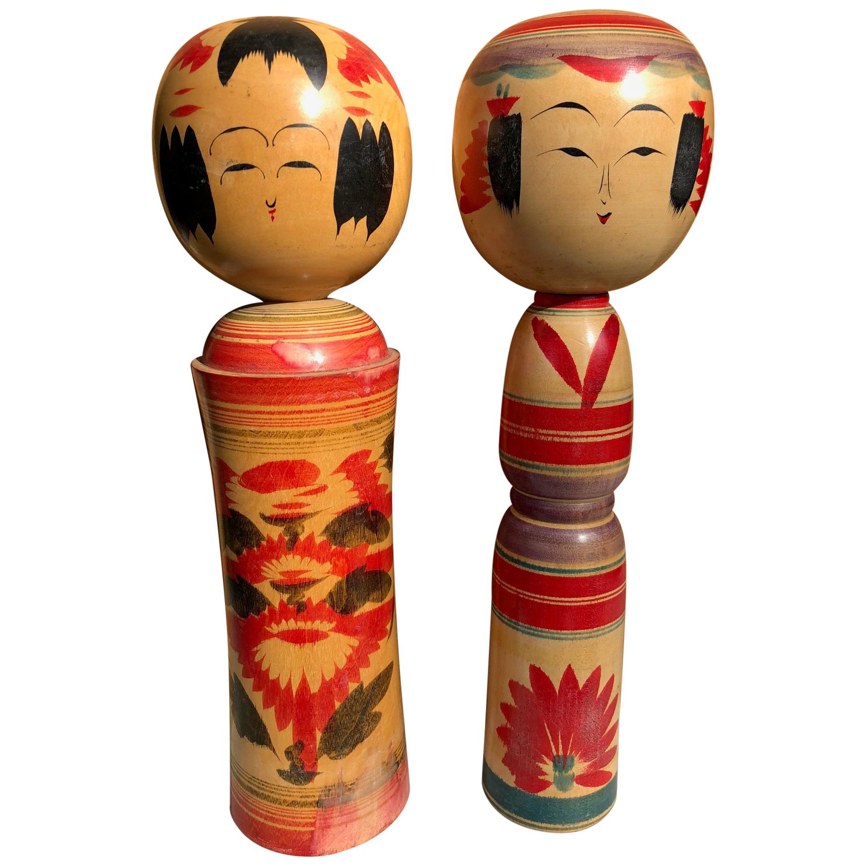 Old Japanese Pair of Famous Kokeshi Dolls Hand Painted Rich Vibrant Color