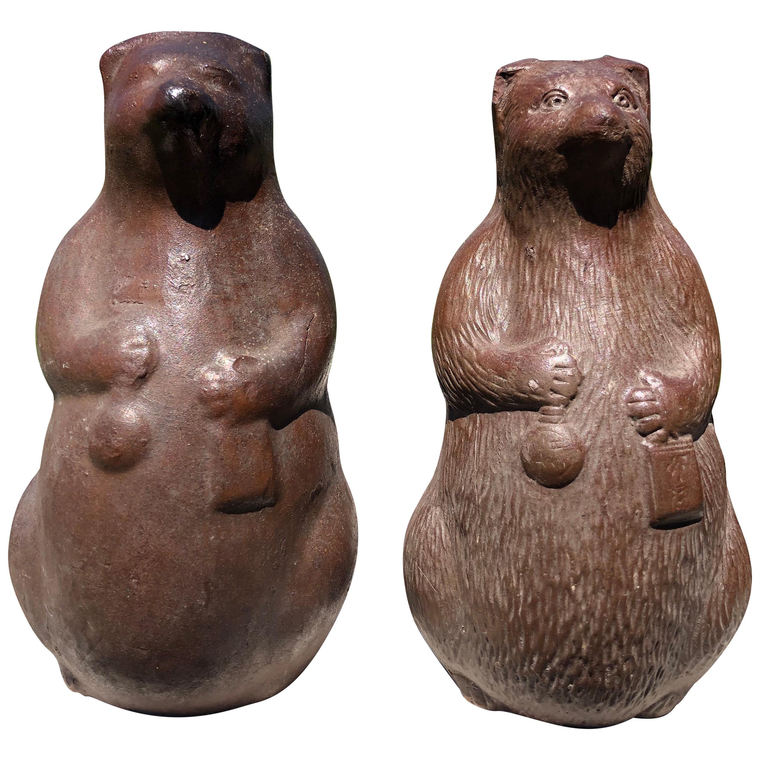 Old Japanese Pair of Folk Hero Tanuki Handmade Big Belly Sake Party Animals