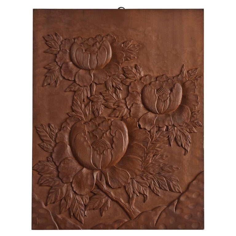Old Japanese Wood Carving Painting / Forehead of Old Wooden Peony Flower Carving For Sale at 1stDibs