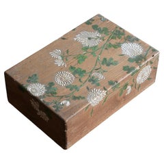 Antique Old Japanese Wooden Box with Chrysanthemums / Painting on the Wall / Mingei