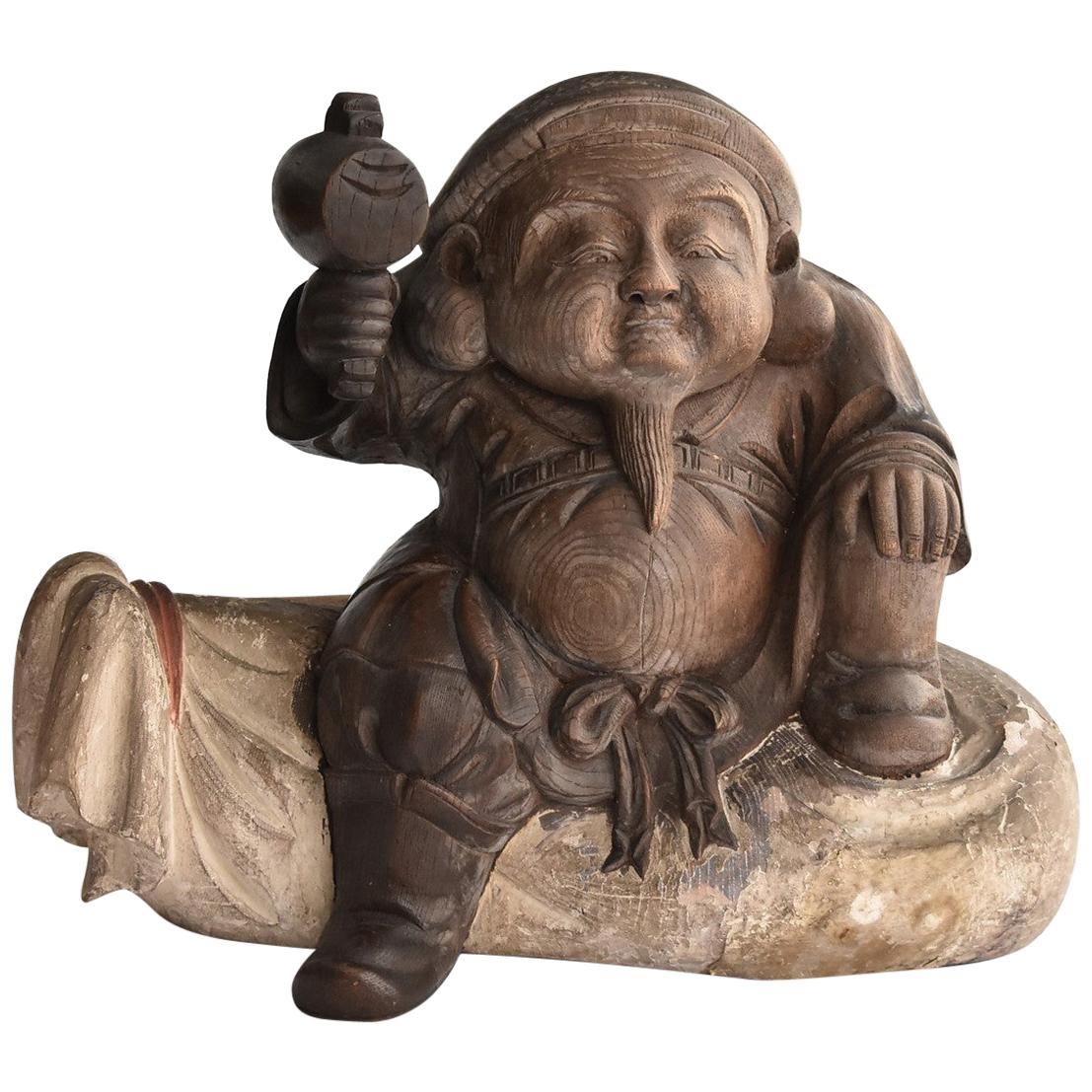 Old Japanese wooden Buddha Statue / Daikokuten 'Seven Lucky Gods' / Wood Carving