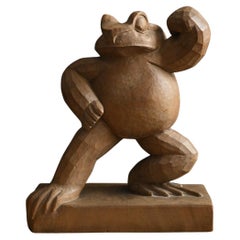 Old Japanese wooden frog figurine / 20th century / wood carving figurine