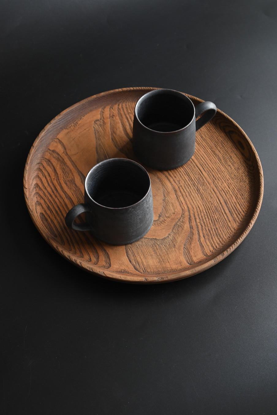 Old Japanese wooden round tray/Showa era/confectionery dish 10
