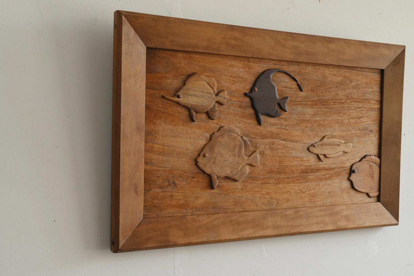 Showa Old Japanese wooden wall hanging tropical fish picture / 20th century For Sale