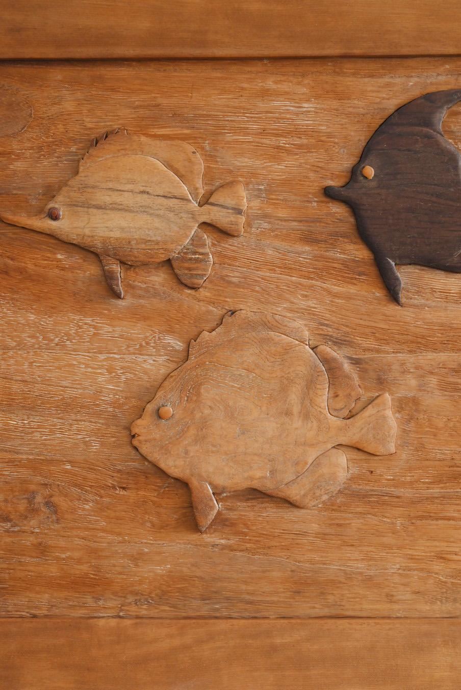 Hand-Carved Old Japanese wooden wall hanging tropical fish picture / 20th century For Sale