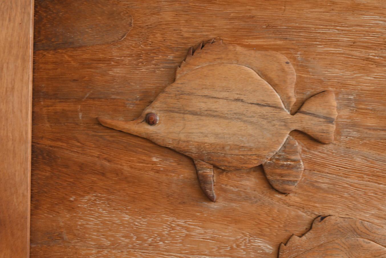 Wood Old Japanese wooden wall hanging tropical fish picture / 20th century For Sale