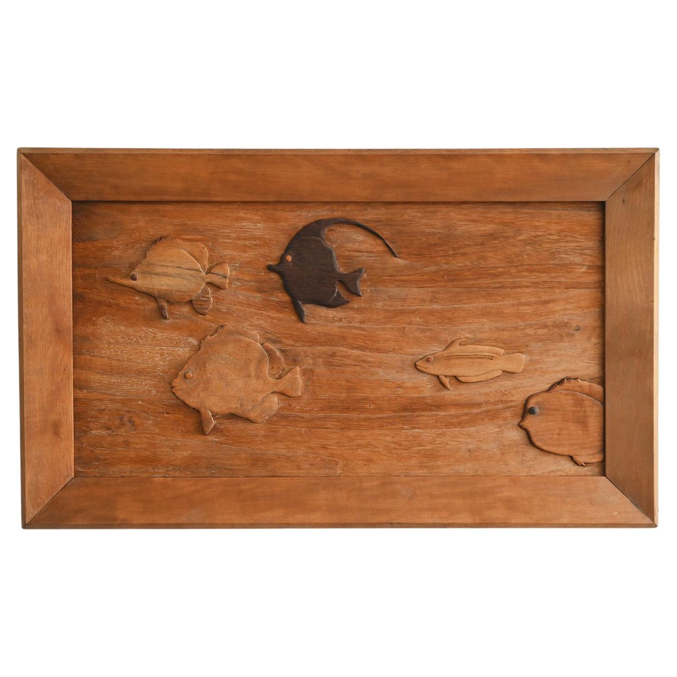 Vecchio quadro giapponese da parete in legno con pesci tropicali / 20° secolo