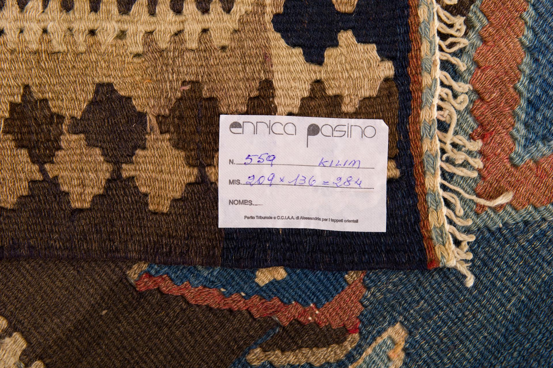 nr. 559 - Brown and blue background, with two strange geometric medallions closed in a camel frame: certainly knotted by a young and inexperienced hand because the diamonds designed are not perfect and the blue color has a special long preparation