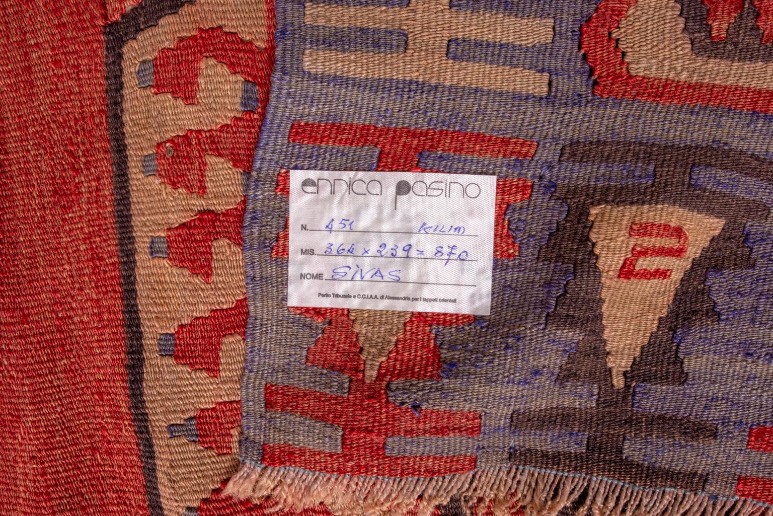 nr. 451 - Large and old kilim rug from Sivas province in Eastern Turkey, with nice colors and patina.
One of the most decorative rugs. No modern carpet can ever match it !
Old carpets are not affected by fashions. After one year the new modern