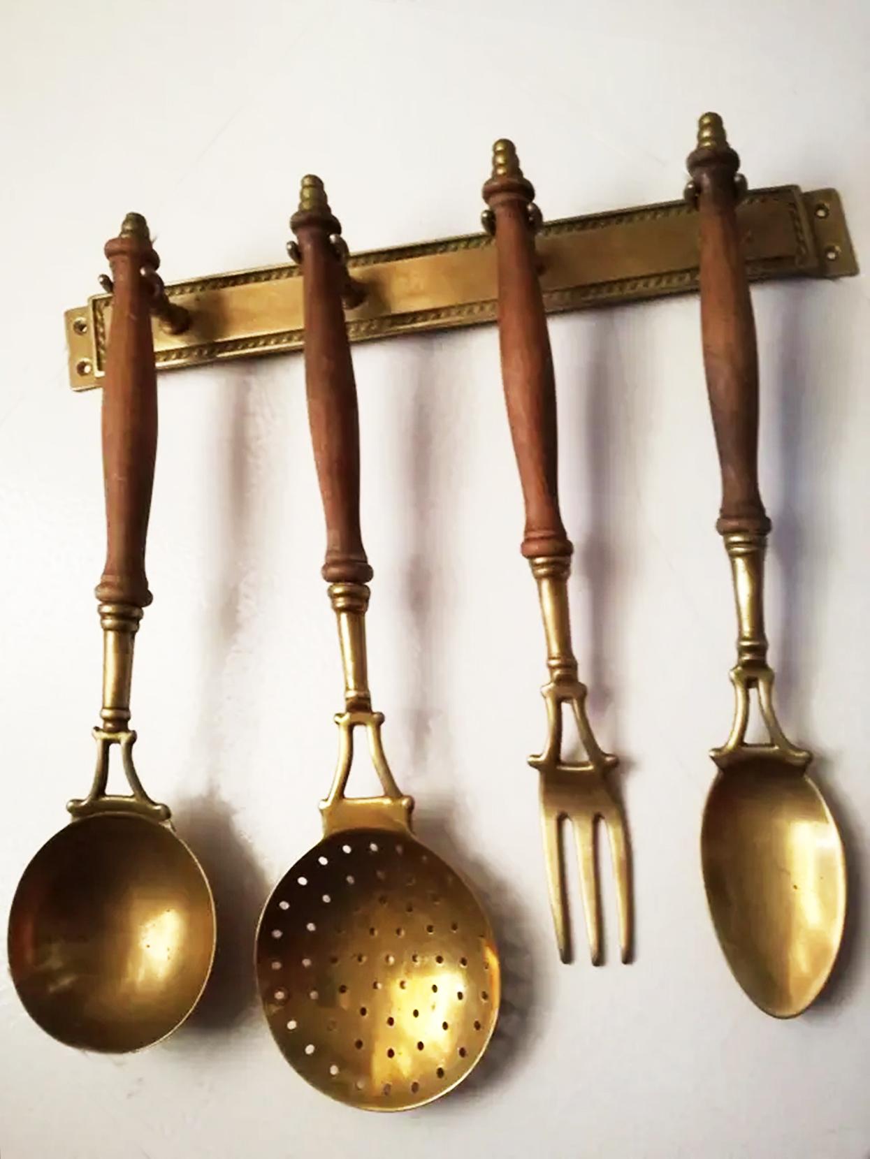 Old Kitchen Utensils Made of Brass with from a Hanging Bar, Early 20th Century 4