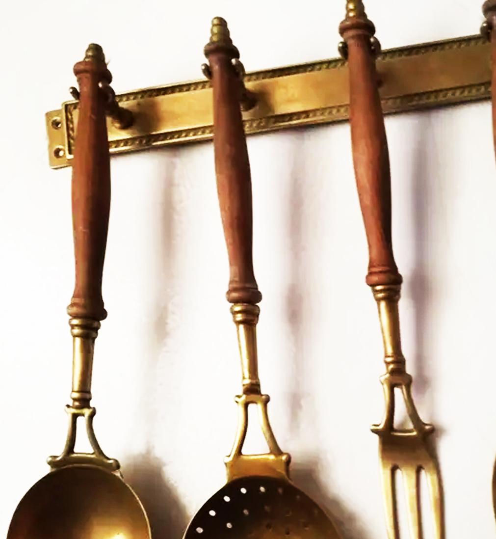 Art Nouveau Old Kitchen Utensils Made of Brass with from a Hanging Bar, Early 20th Century