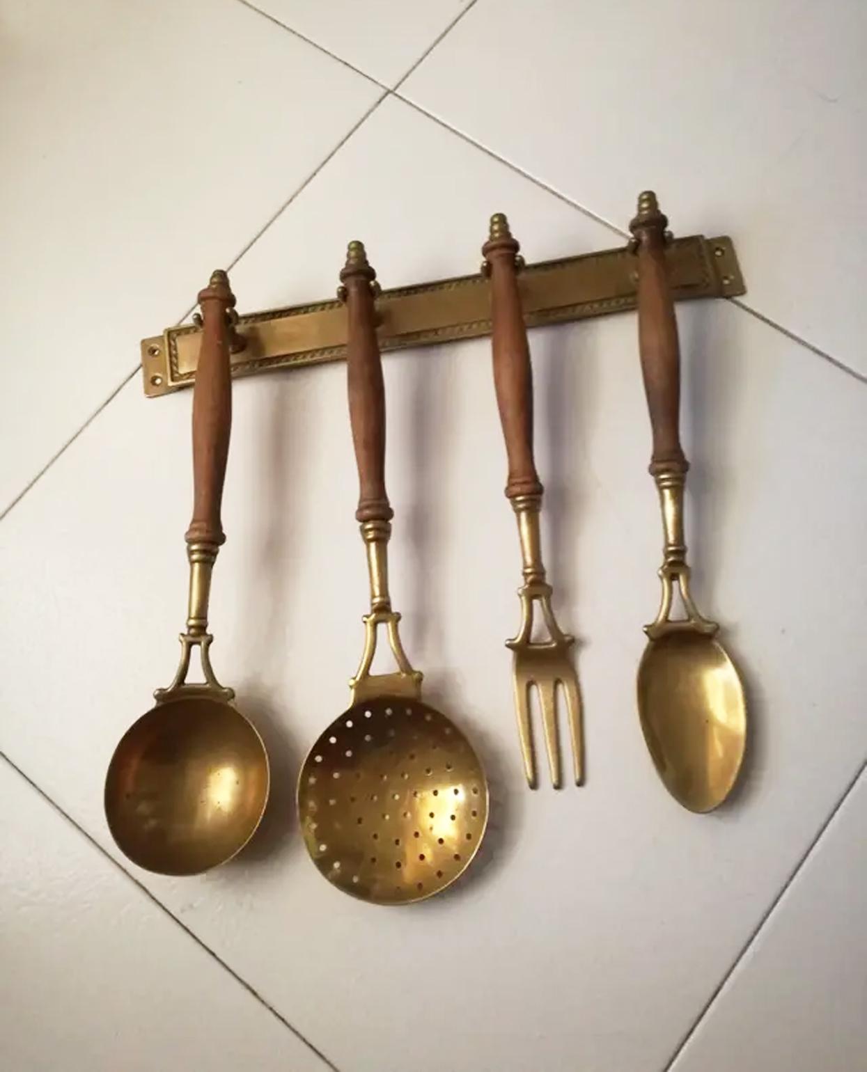 Spanish Old Kitchen Utensils Made of Brass with from a Hanging Bar, Early 20th Century