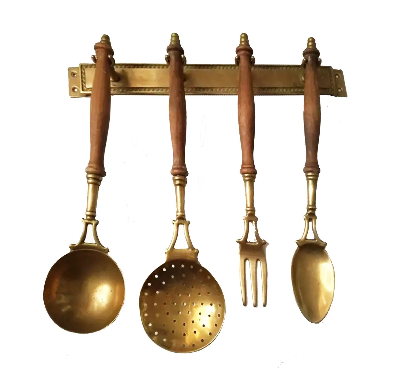 Old Kitchen Utensils Made of Brass with from a Hanging Bar, Early 20th Century 3