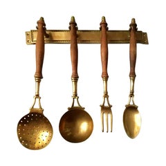 Antique Old Kitchen Utensils Made of Brass with from a Hanging Bar, Early 20th Century