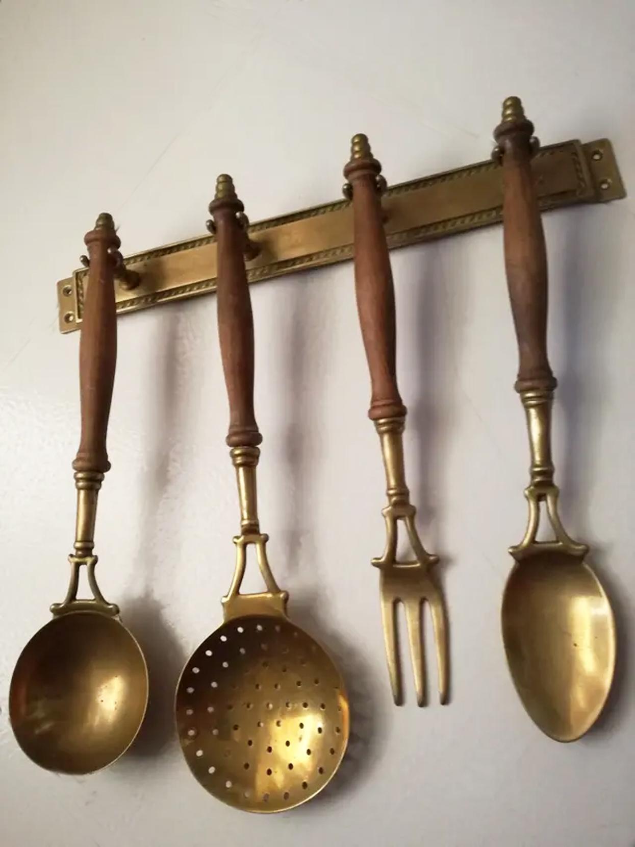 Art Nouveau Kitchen Utensils Made of Brass with Hanging Bar, Early 20th Century