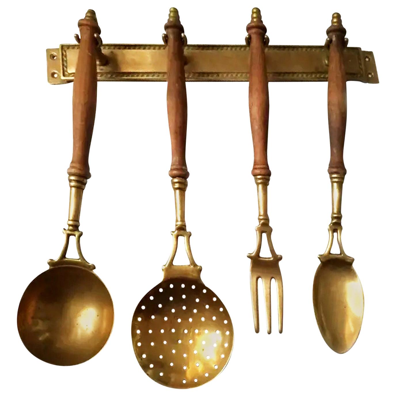 Spanish Kitchen Utensils Made of Brass with Hanging Bar, Early 20th Century