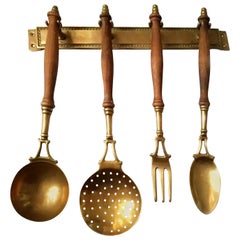 Antique Old Kitchen Utensils Made of Brass with Hanging Bar, Early 20th Century