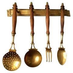 Antique Kitchen Utensils Made of Brass with Hanging Bar, Early 20th Century