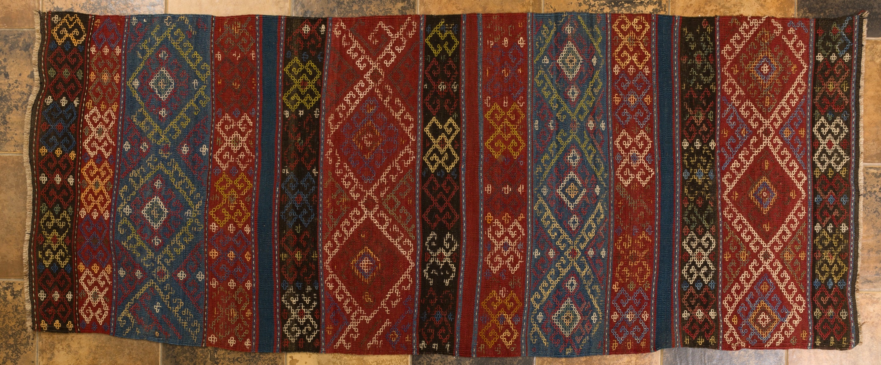 Interesting nice old kilim from Kurdestan mountains. 
 It has a particular workmanship, with geometric designs highlighted by an embroidery with the needle.
Its size makes it lean on the back of a sofa or on the bed: it's wool !