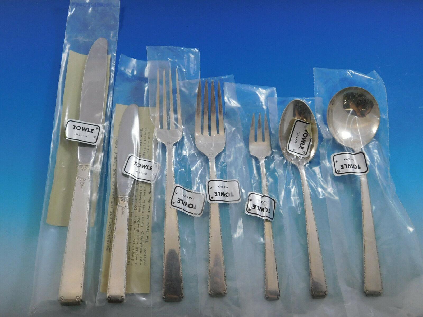 Old Lace by Towle Sterling Silver Flatware Set for 8 Service 62 Pieces Unused In Excellent Condition In Big Bend, WI