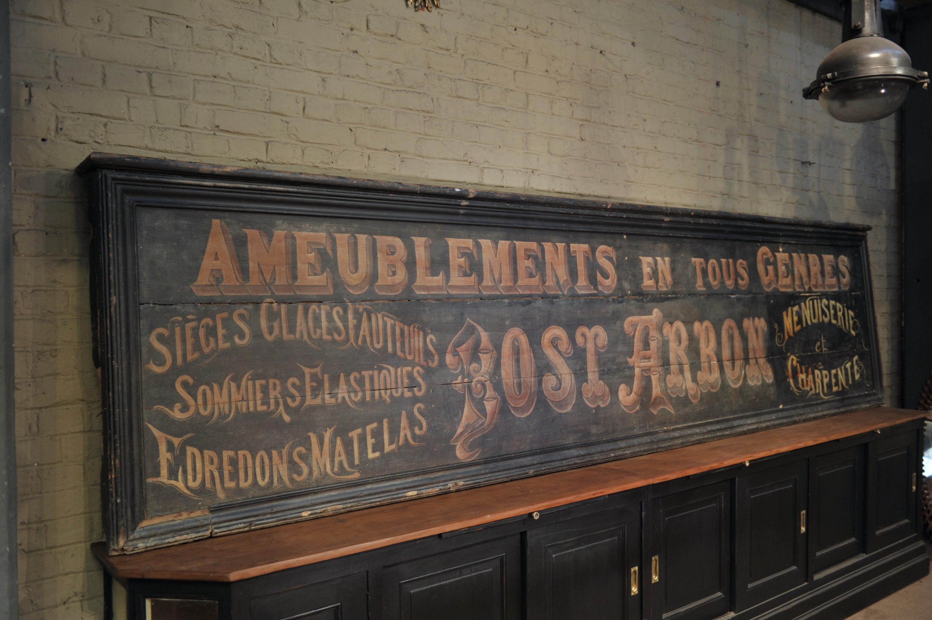 Old large French sign circa 1920 in pine all original color and writing, saying all type of furn, furniture carpenter seats, mirrors, armchairs, beds.