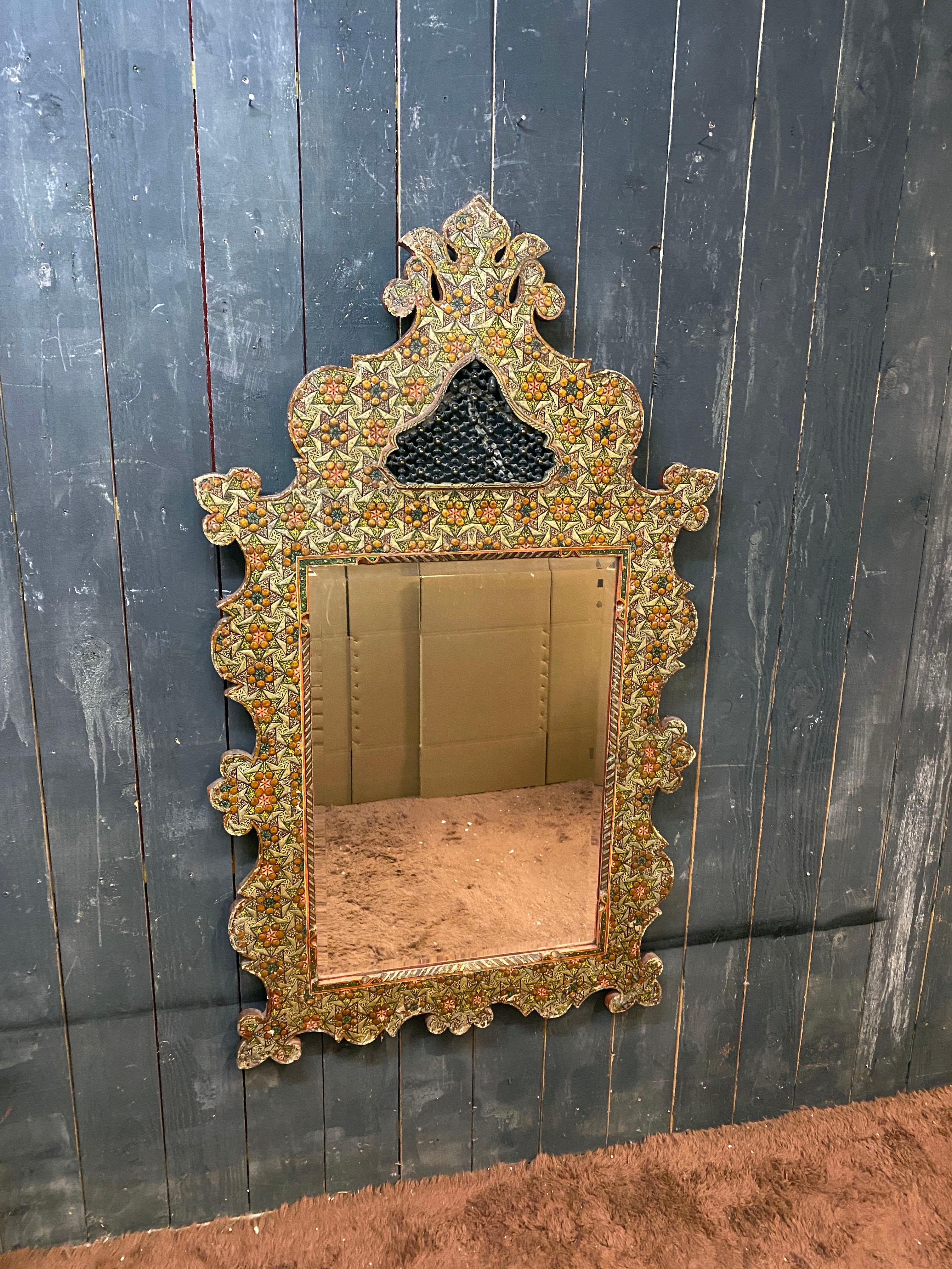 Moorish Old large oriental mirror in engraved and polychromed wood; beveled mirror For Sale