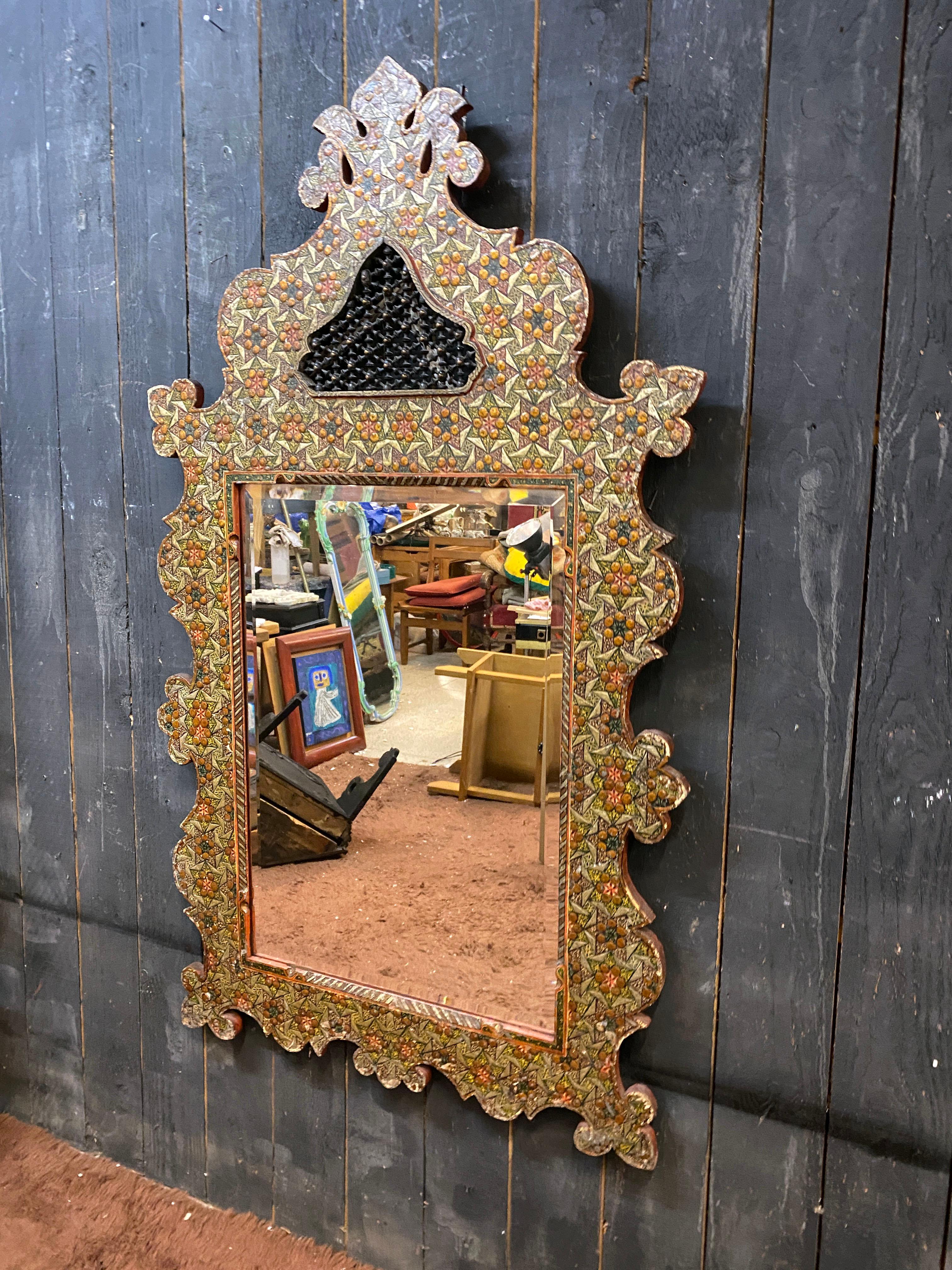 Maghreb Old large oriental mirror in engraved and polychromed wood; beveled mirror For Sale