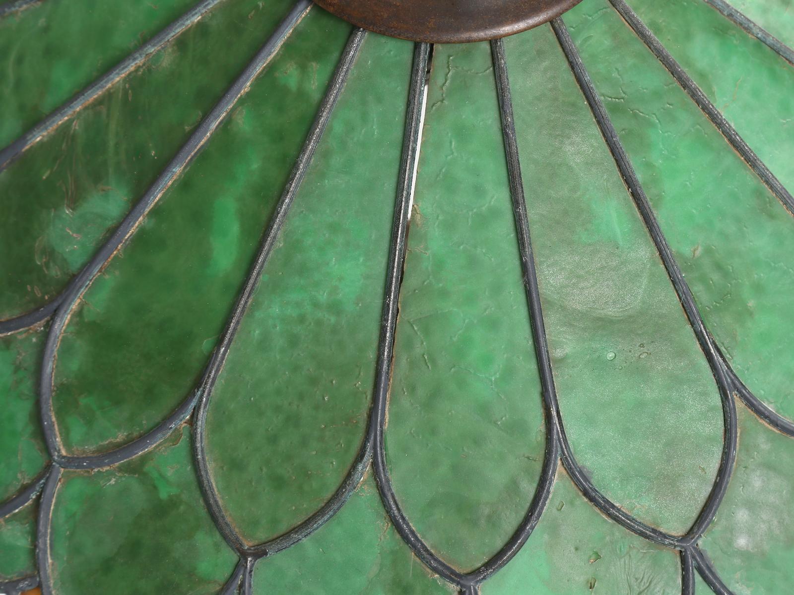 American Old Leaded Green Glass Lamp with a Perfect Amount of Patina