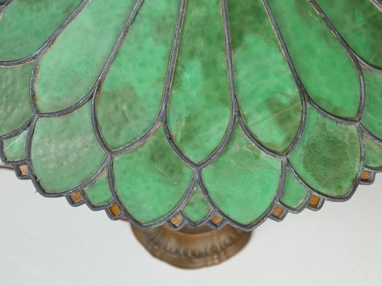 Early 20th Century Old Leaded Green Glass Lamp with a Perfect Amount of Patina For Sale