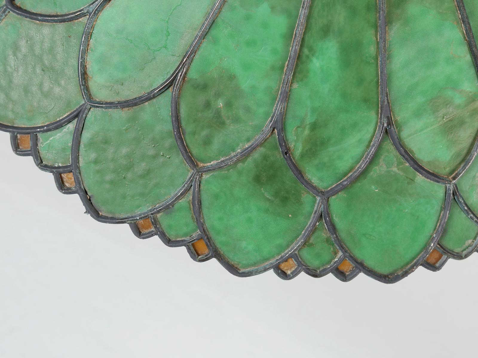 Early 20th Century Old Leaded Green Glass Lamp with a Perfect Amount of Patina