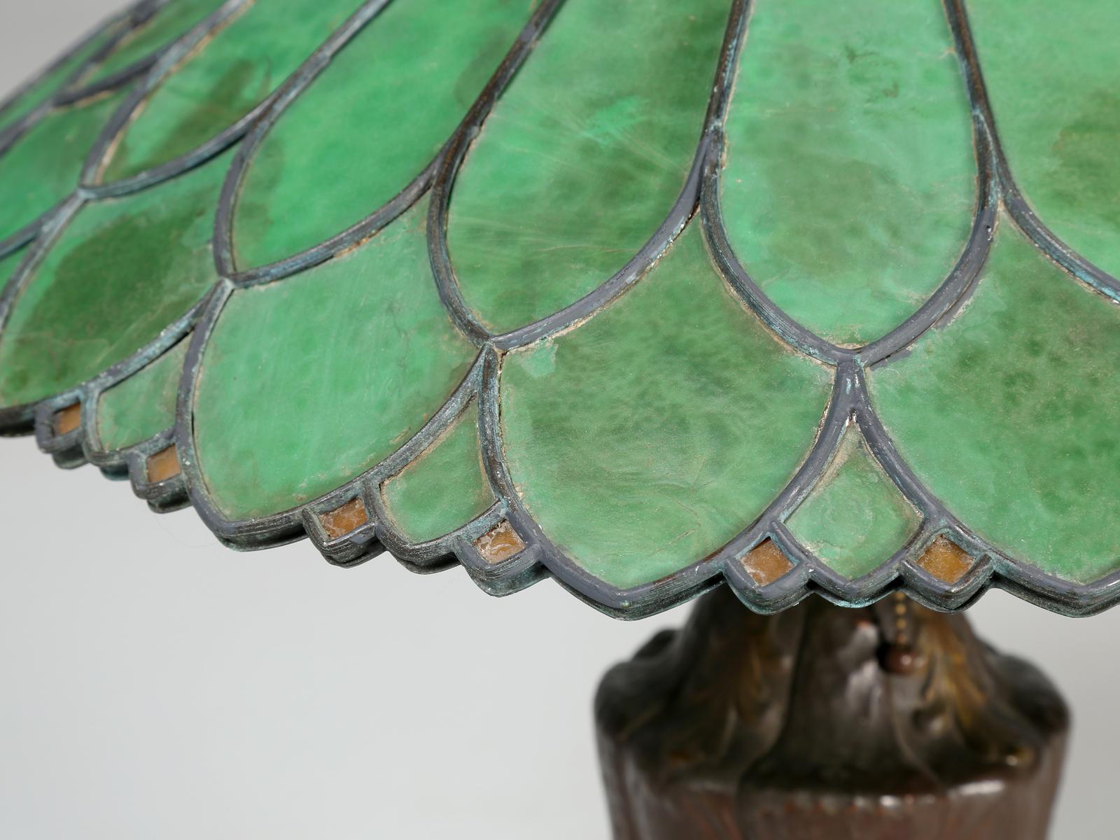 Old Leaded Green Glass Lamp with a Perfect Amount of Patina 2