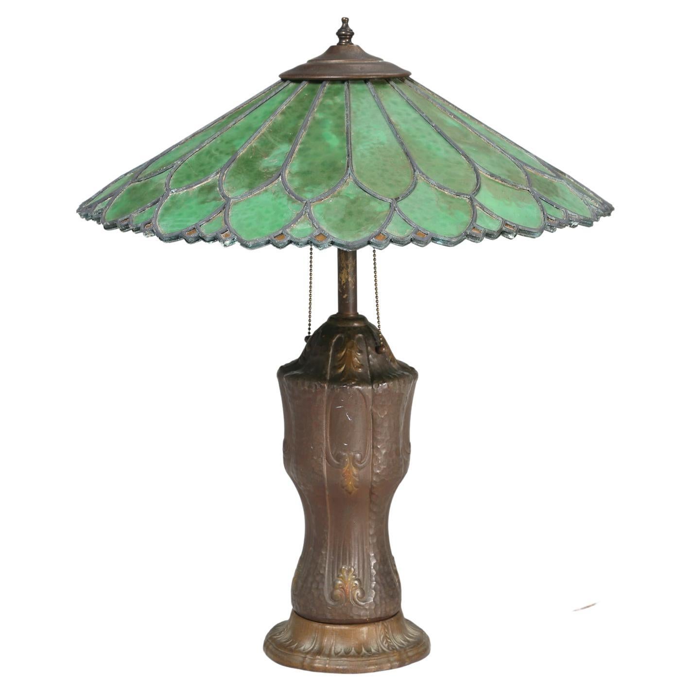 Old Leaded Green Glass Lamp with a Perfect Amount of Patina