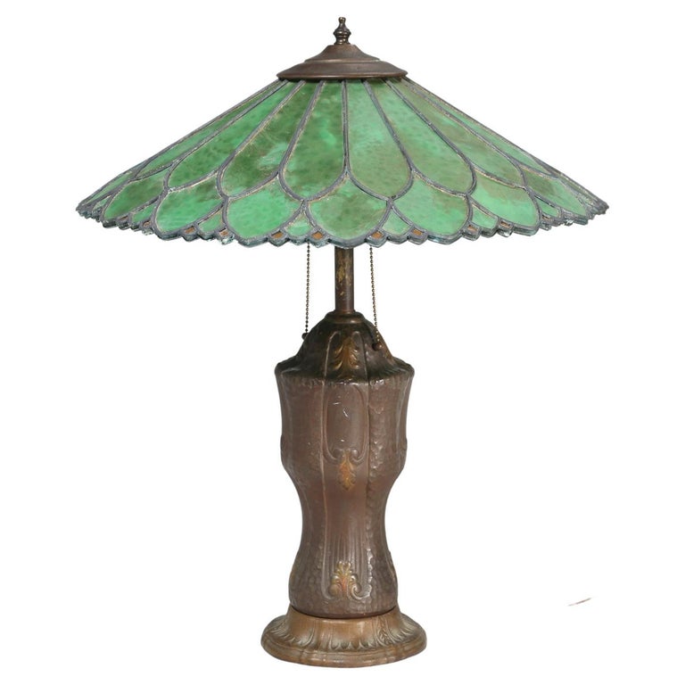 Old Leaded Green Glass Lamp with a Perfect Amount of Patina For Sale