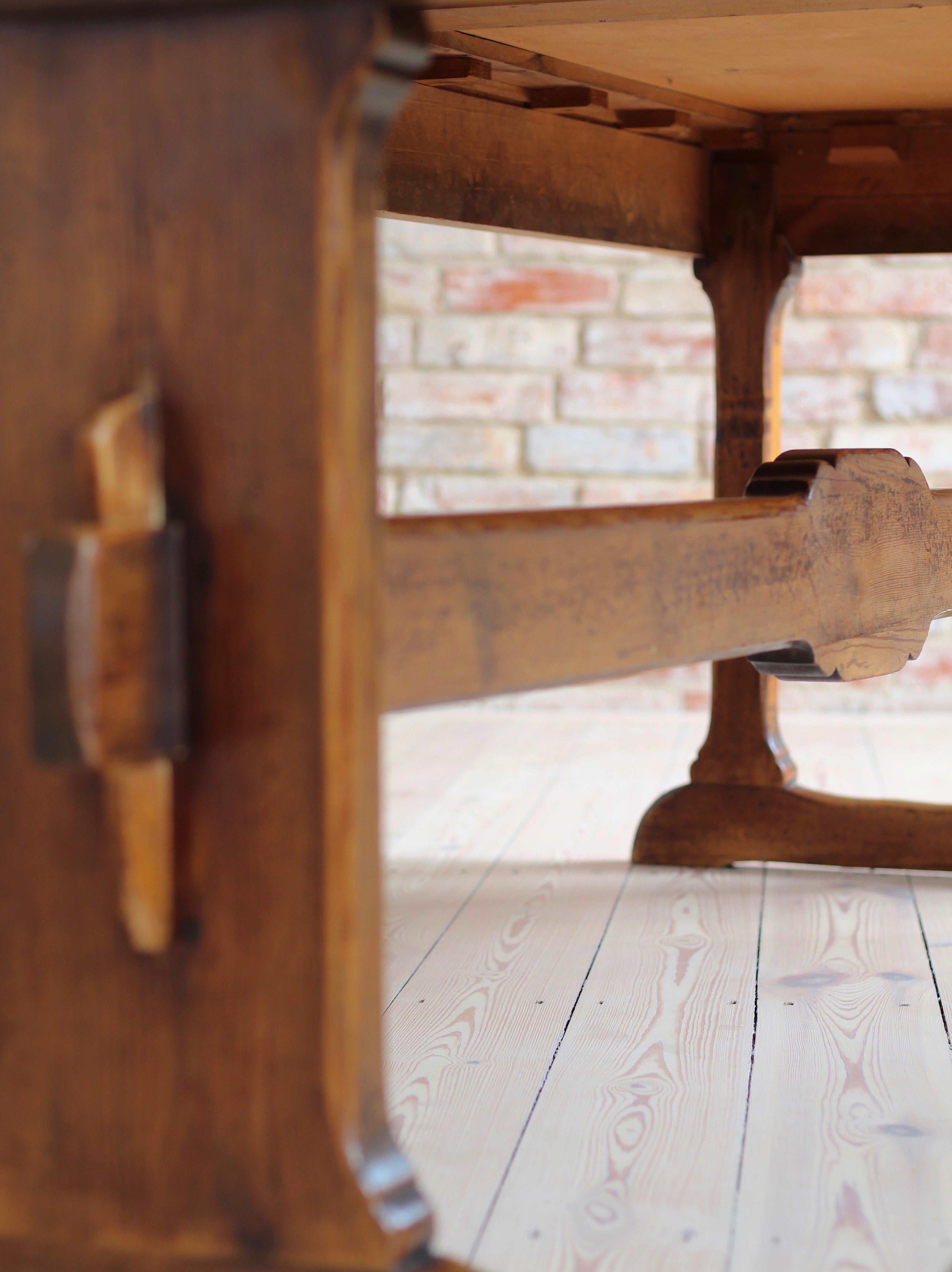 European Old Library Trestle Table, Oak, Early 20th Century