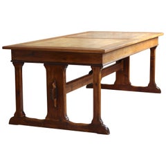 Antique Old Library Trestle Table, Oak, Early 20th Century