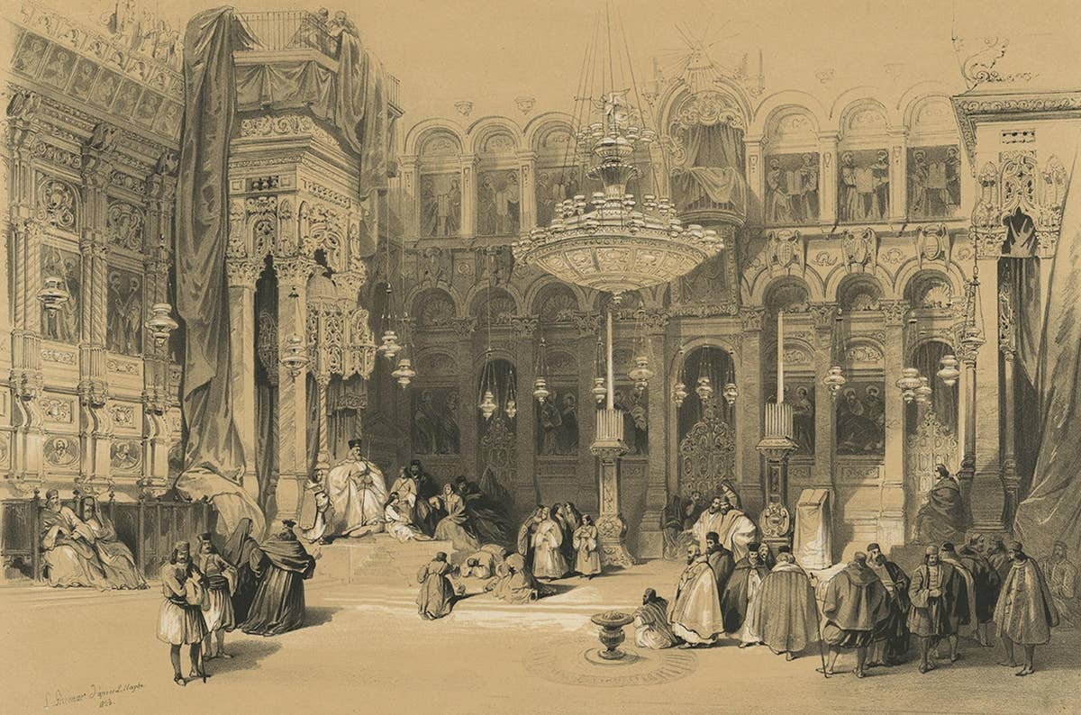 Old Lithograph depicting the Greek Chapel of the Holy Sepulchre, 1845