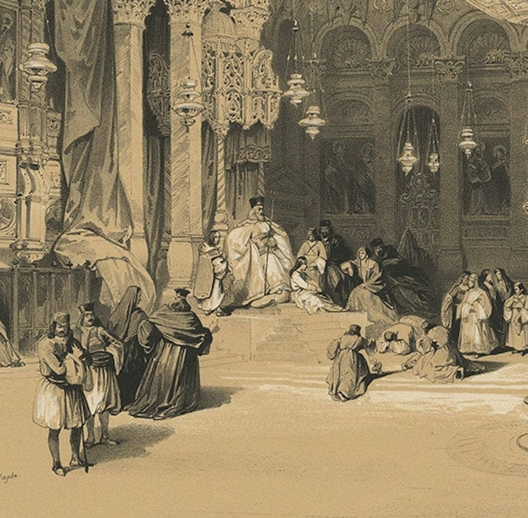 Old Lithograph depicting the Greek Chapel of the Holy Sepulchre, 1845
