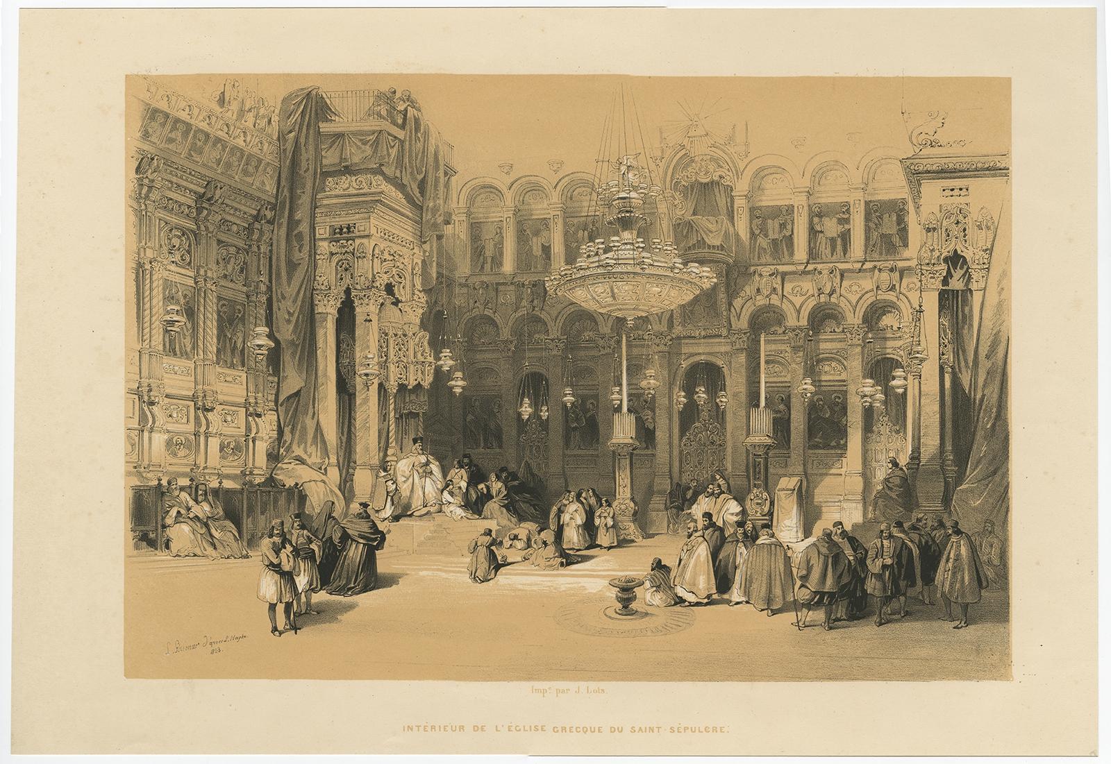 Mid-19th Century Old Lithograph depicting the Greek Chapel of the Holy Sepulchre, 1845 For Sale