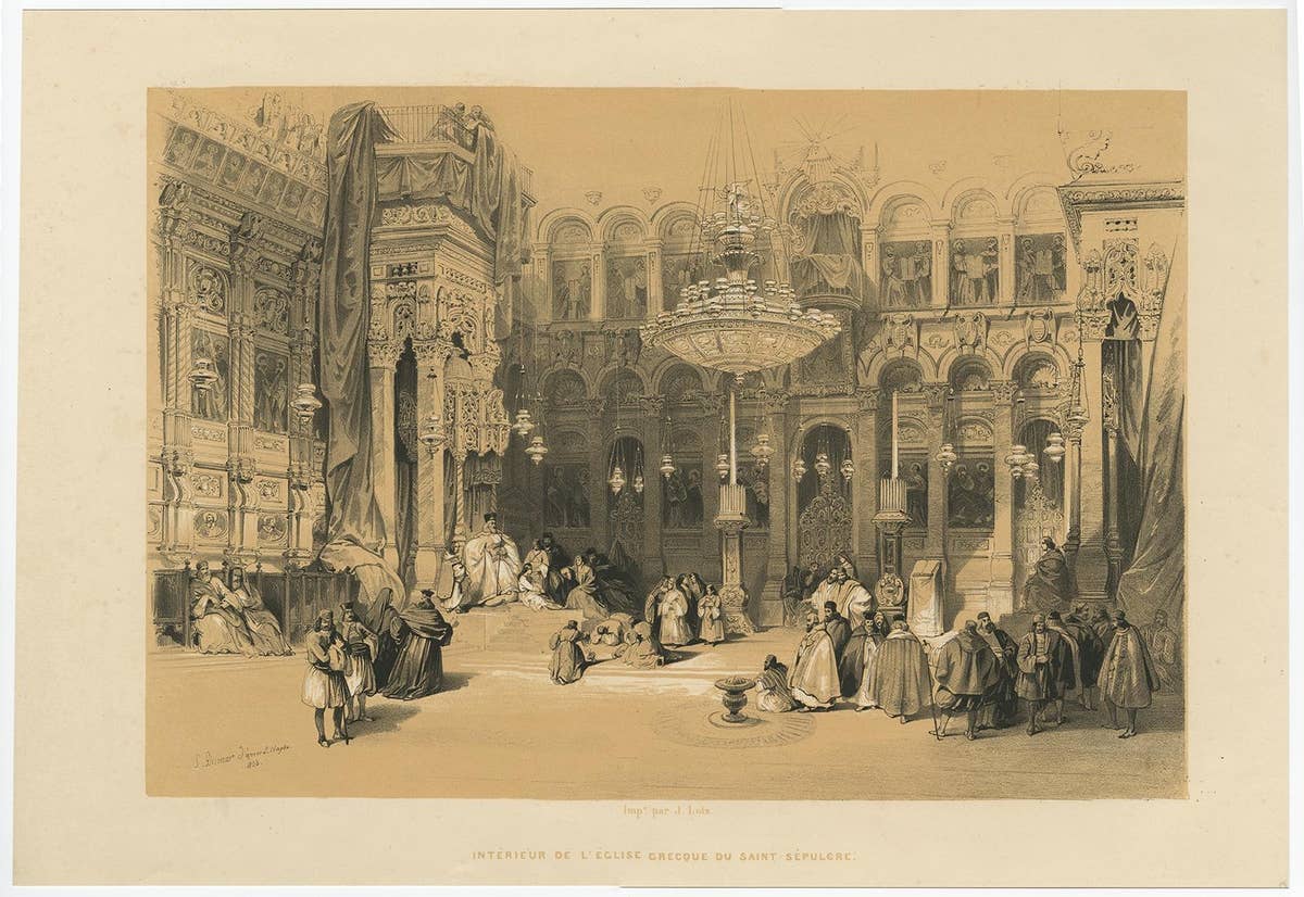 Old Lithograph depicting the Greek Chapel of the Holy Sepulchre, 1845