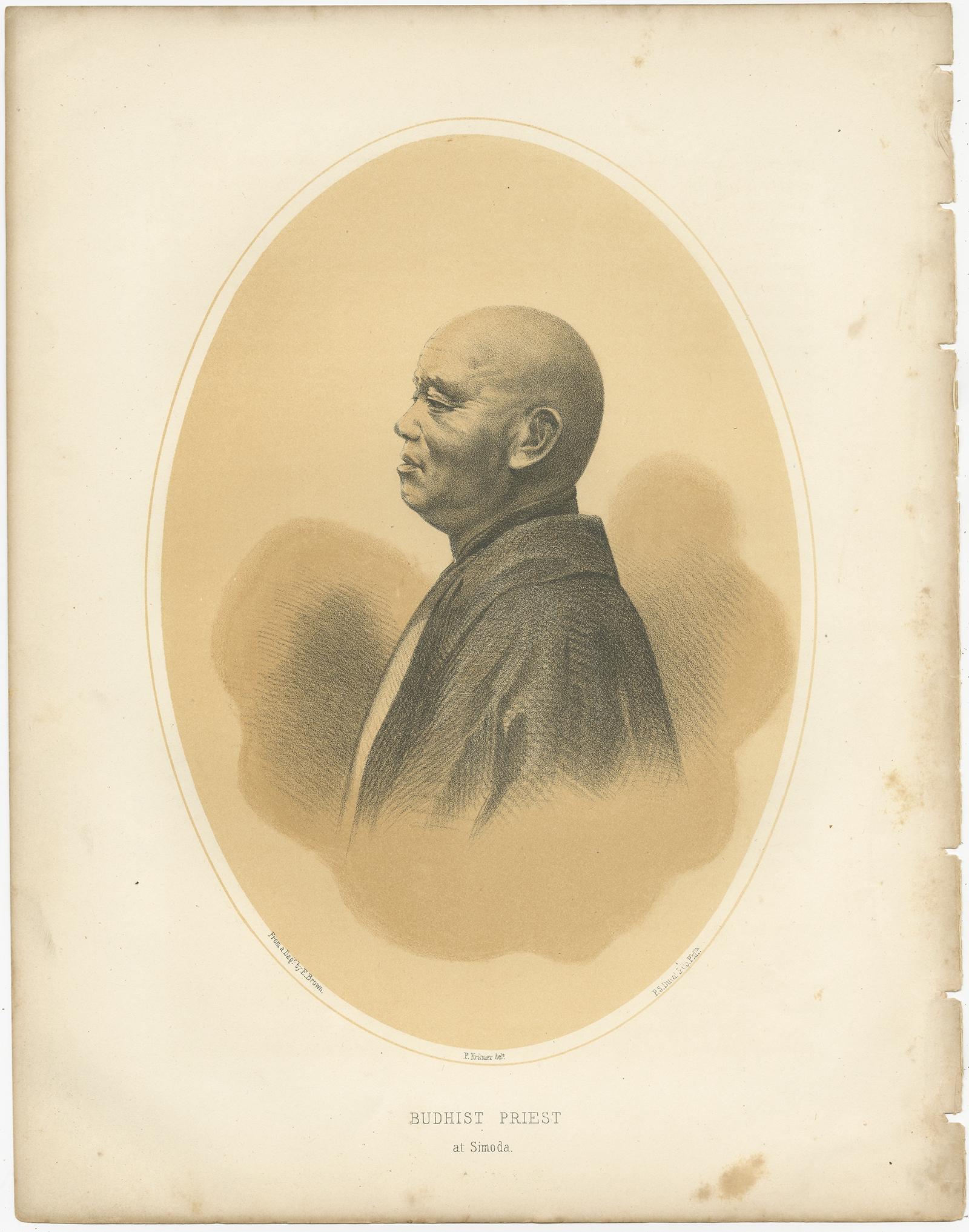 Antique print titled 'Budhist Priest at Simoda'. 

Lithograph of a Buddhist priest of Shimoda, Japan. This print originates from 'Narrative of the expedition of an American squadron to the China seas and Japan, performed in the years 1852, 1853,