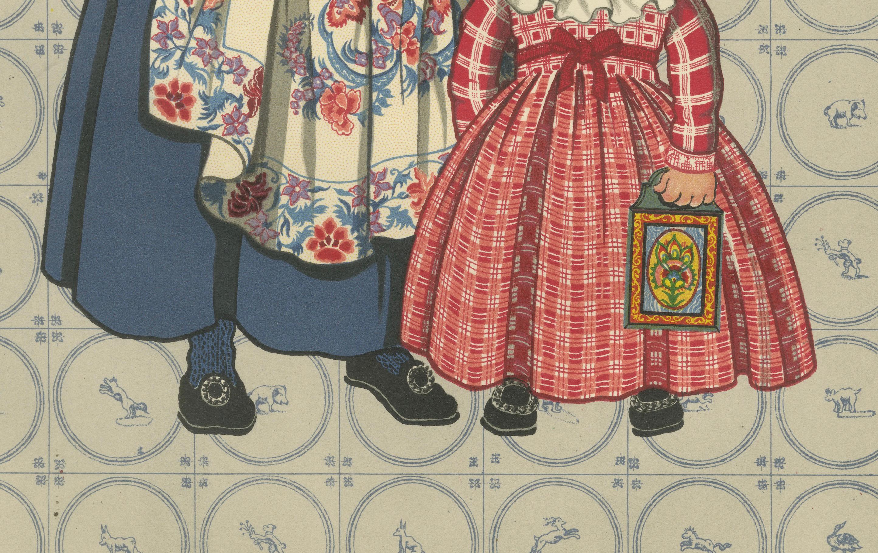 Hindeloopener Krankenschwester und Kinder mit bemaltem Schulkasten, 1932

Diese reizvolle handkolorierte Lithographie ist Tafel IV aus dem seltenen Folianten The National Costumes of Holland von 1932, geschaffen von Gratiane de Gardilanne und