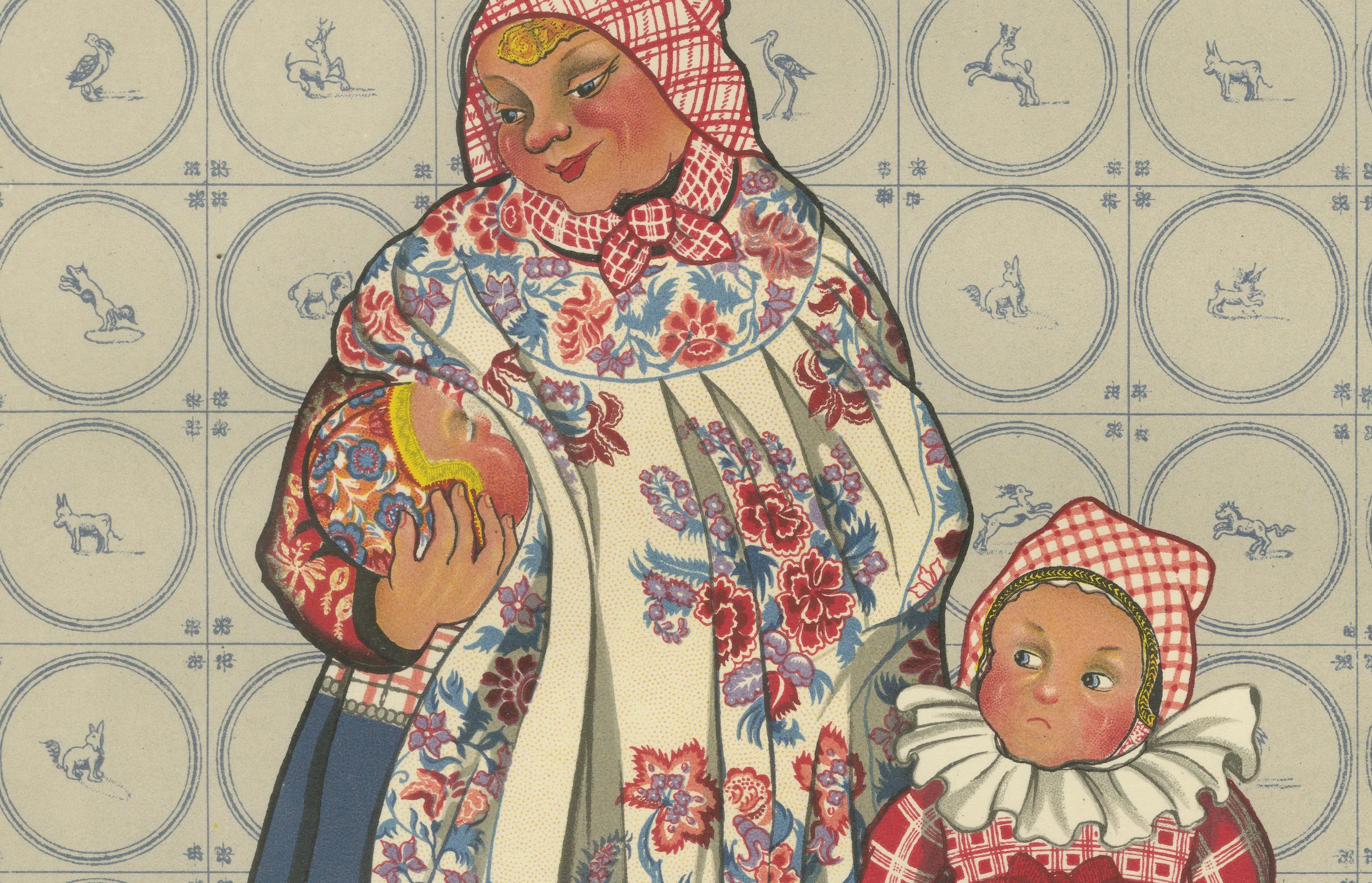 Old Lithographie einer Hindeloopen- Krankenschwester und Kinder mit bemaltem Schulkasten, 1932 im Zustand „Gut“ im Angebot in Langweer, NL