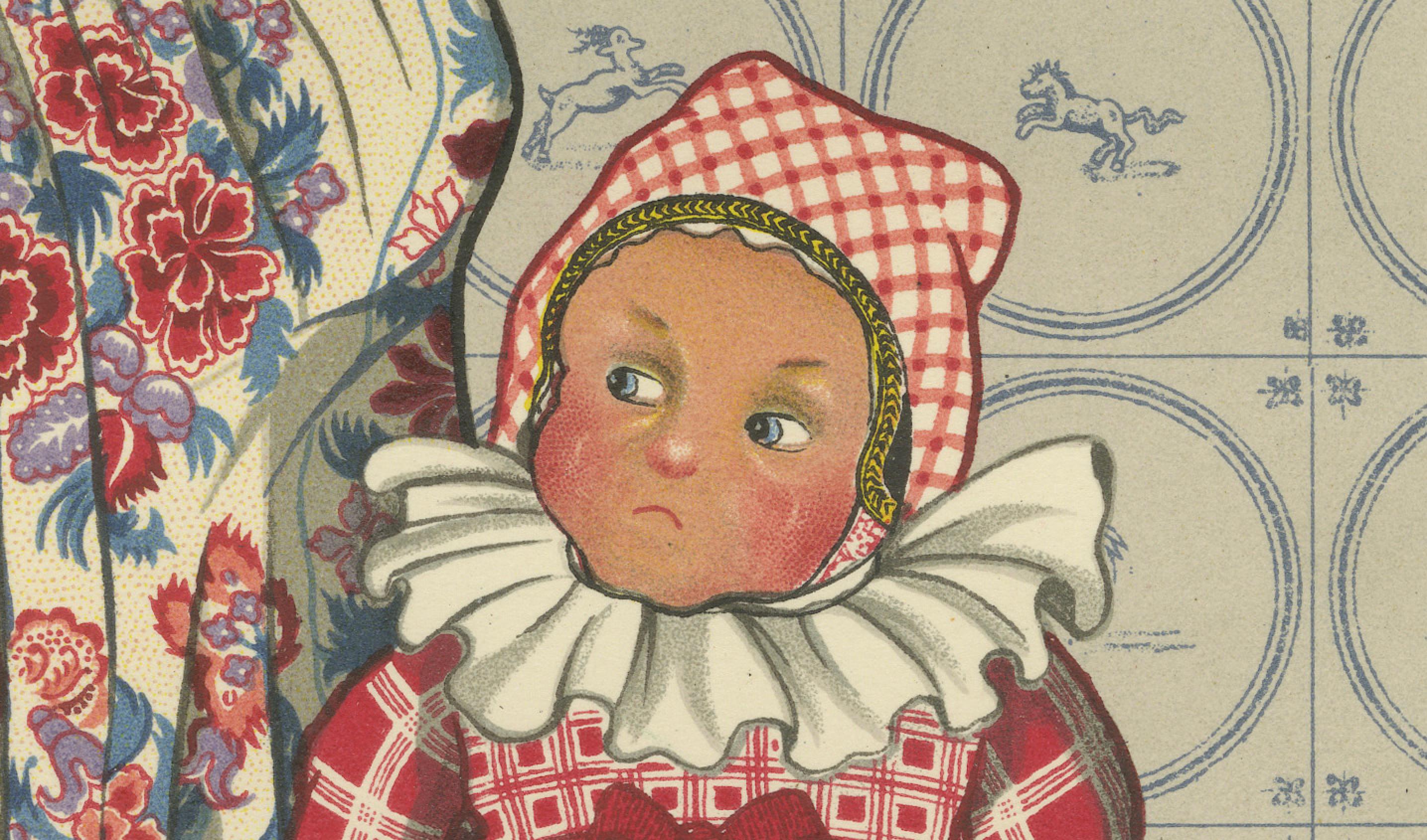 Old Lithographie einer Hindeloopen- Krankenschwester und Kinder mit bemaltem Schulkasten, 1932 (Papier) im Angebot