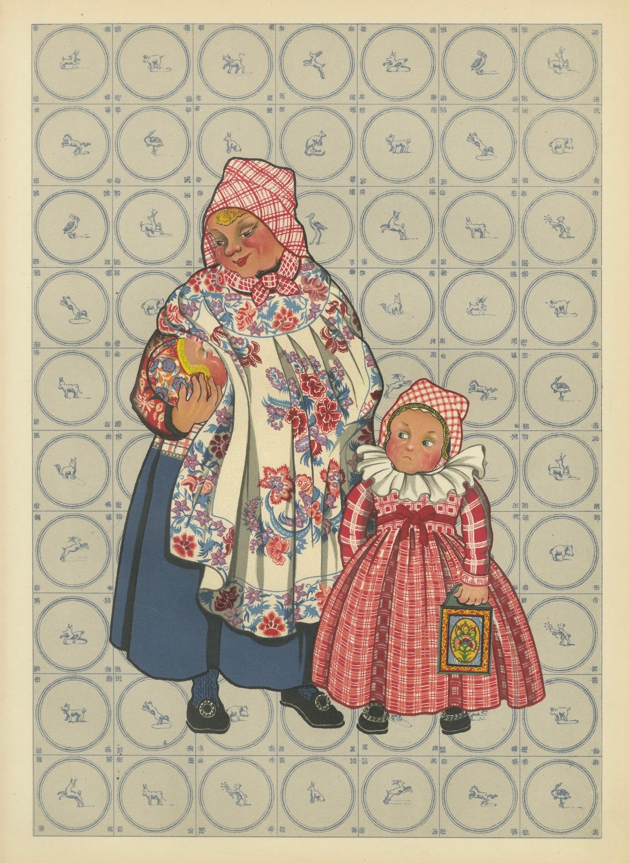 Old Lithographie einer Hindeloopen- Krankenschwester und Kinder mit bemaltem Schulkasten, 1932 im Angebot 1