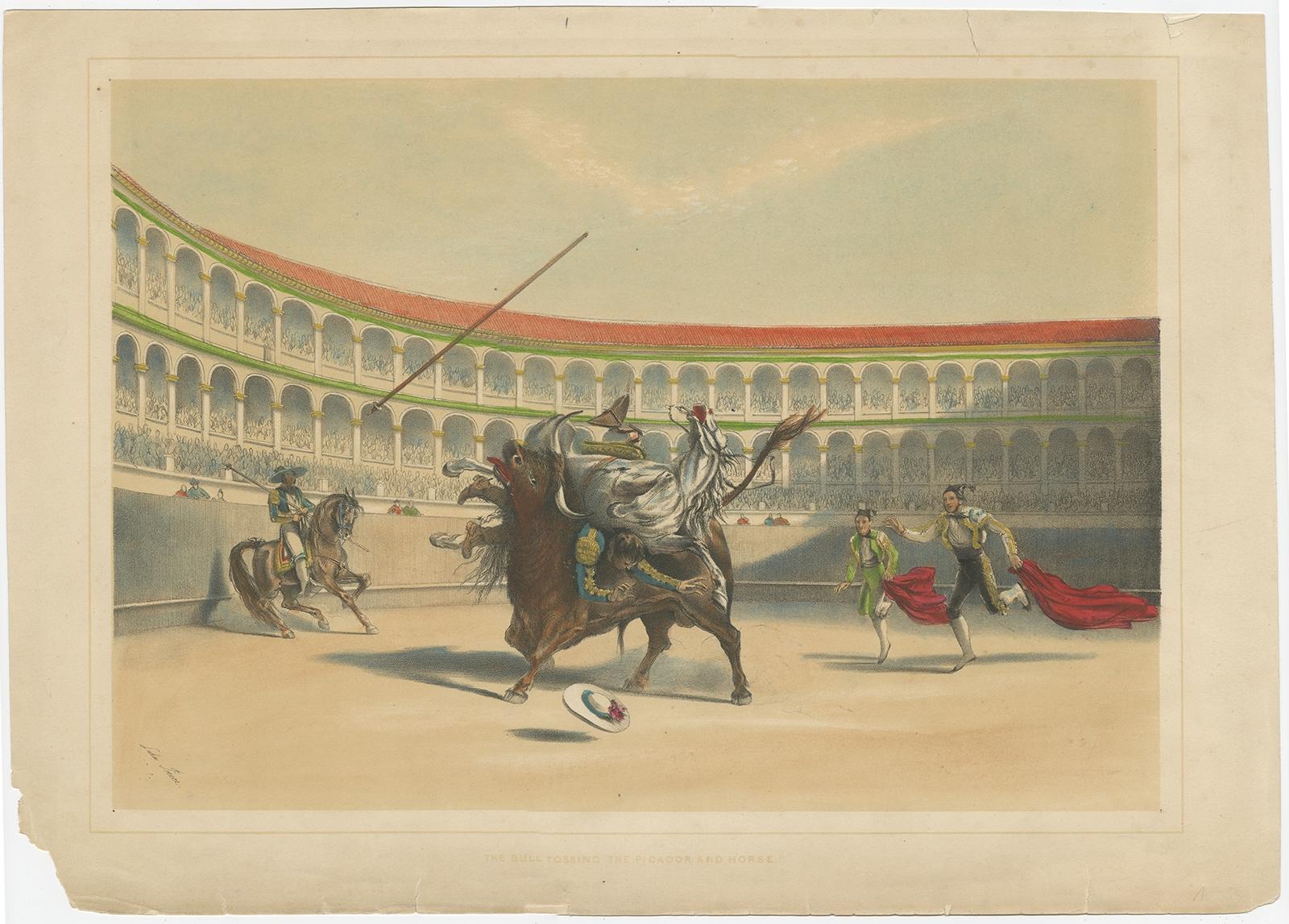 Antique print titled 'The Bull tossing the Picador and Horse'. 
Old lithograph showing a bullfighting scene. 

Artists and Engravers: Made after an oil painting by William Lake. 

Condition: Fair, general age-related toning, especially outside