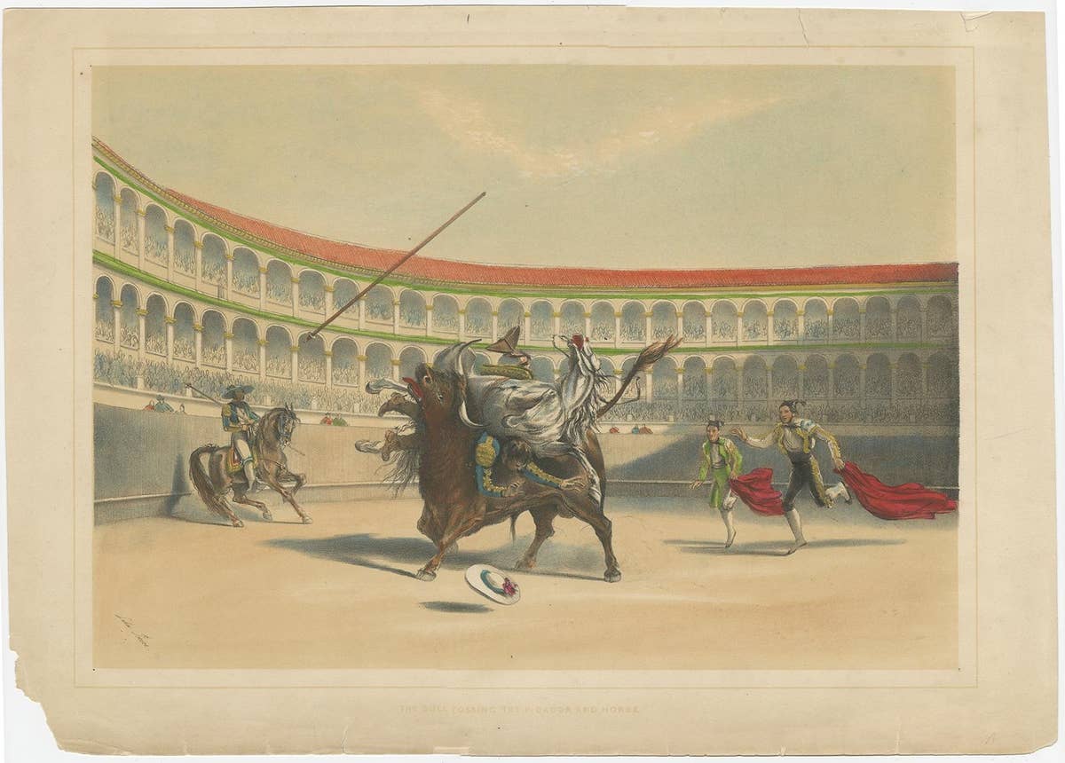 Old Lithograph of Bullfighting with The Bull Tossing The Picador & Horse, 1852