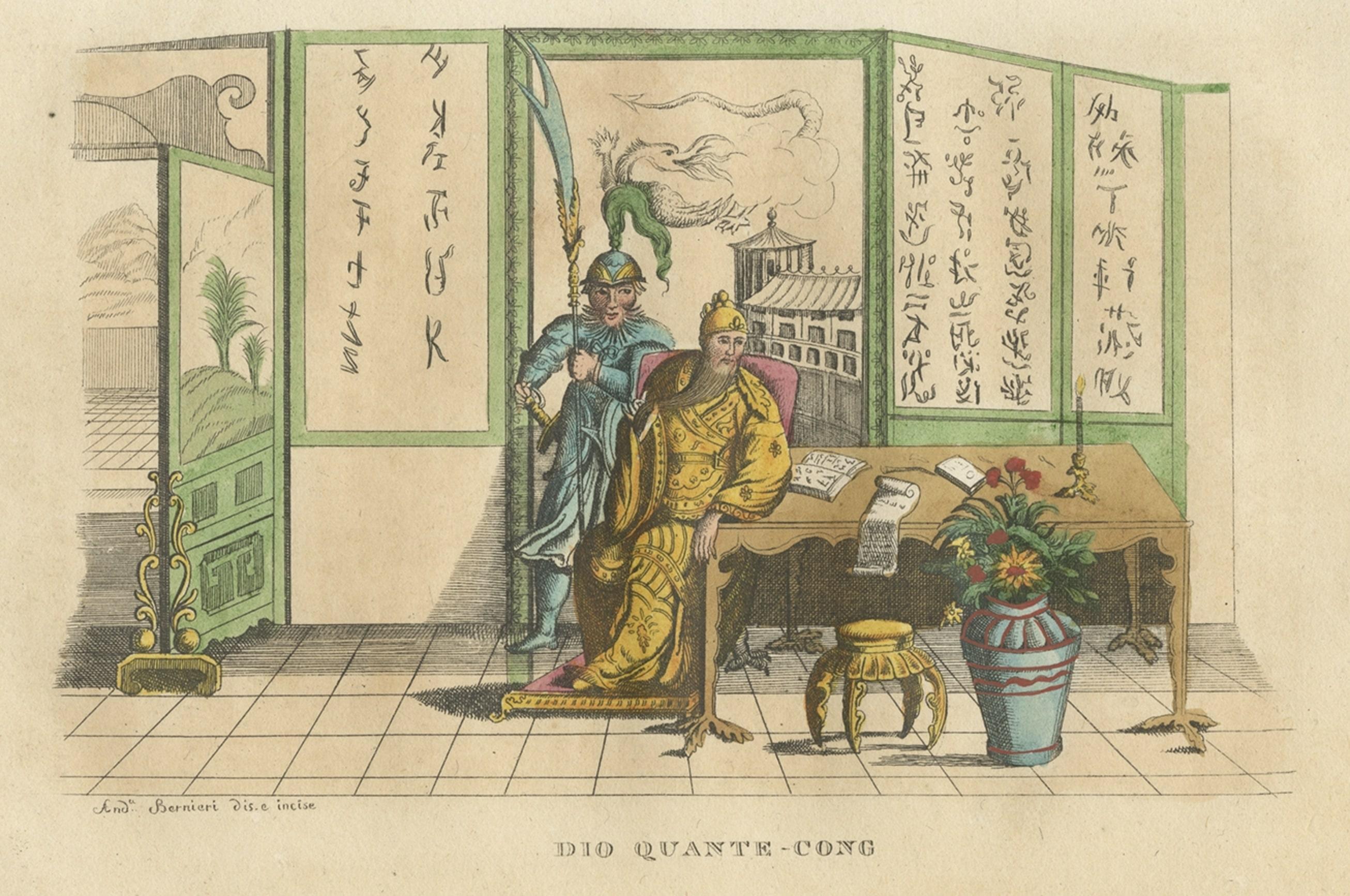 Old Lithograph of the Deity Quante-Cong 'or Shangdi', First Ruler of China, 1843 In Good Condition For Sale In Langweer, NL
