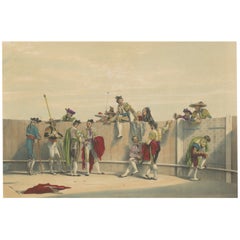 Old Lithograph Showing Bullfighters Standing Along the Wall of a Stadium, c.1852